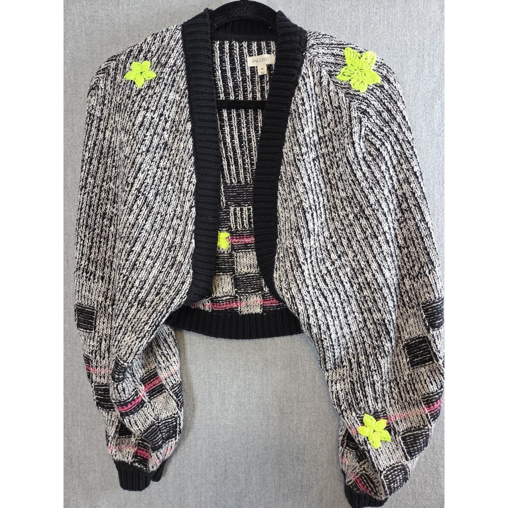 Pilcro Anthropologie XS Cropped Sweater Open Cardigan Checkerboard Floral Boho